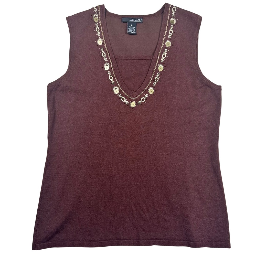 Willi Smith‎ Brown Silk blend Sleeveless Sweater Top XL Embellished V Neck Tank